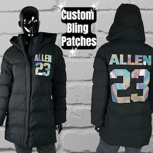 Custom Women&#39;s Puffy Parka Bling Jacket - Customize with text, name and number, Custom Bling Patches, Gifts for Her