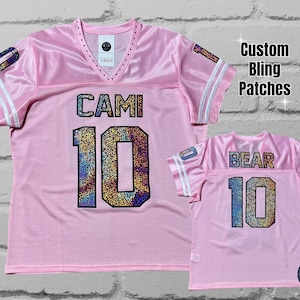 Custom Pink Bling Women’s Patchwork Jersey - customize with your team, mascot name, text and number, Gifts for her, Breast Cancer