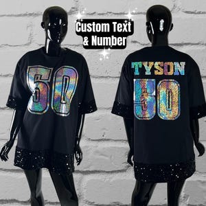 Black Sequin Cotton Dress, Custom Sequin Tunic Shirt Dress, Football Bling, Cheer Bling, Birthday Bling, Sports Bling, Custom Name and Number