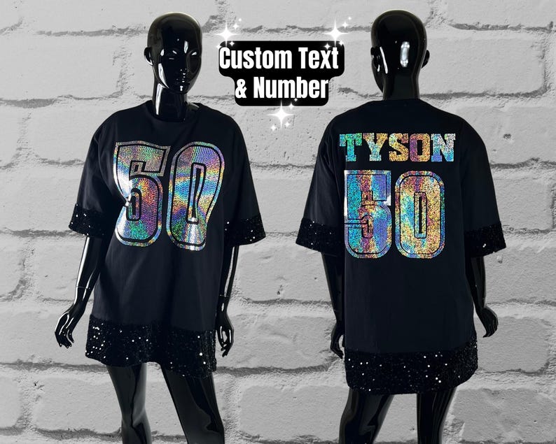 Black Sequin Cotton Dress, Custom Sequin Tunic Shirt Dress, Football Bling, Cheer Bling, Birthday Bling, Sports Bling, Custom Name and Number