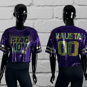 Custom Scatter Text Sequin Top, Jersey Shirt, Customize with text and number, Collegiate Bling, Birthday, Team Fan Bling, Jersey Bling