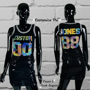 Custom Sequin Basketball Jersey Dress – Bling Birthday Outfit – Personalized Team Dress with Name & Number – Game Day Concert Look – Sparkly