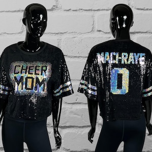 Cheer Mom Black Sequin Top, Custom Sequin Shirt, Football Bling, Cheer Bling, Birthday Bling, Sports Bling, Custom Name and Number