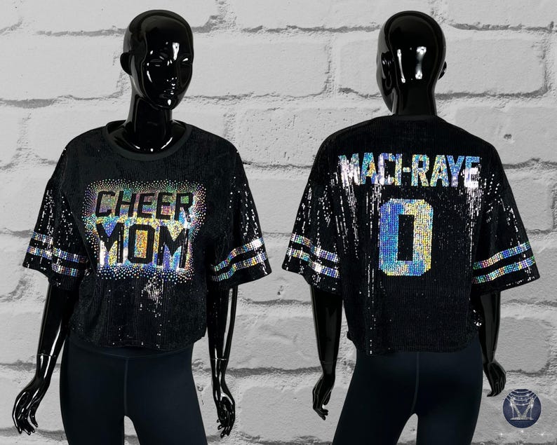 Cheer Mom Black Sequin Top, Custom Sequin Shirt, Football Bling, Cheer Bling, Birthday Bling, Sports Bling, Custom Name and Number