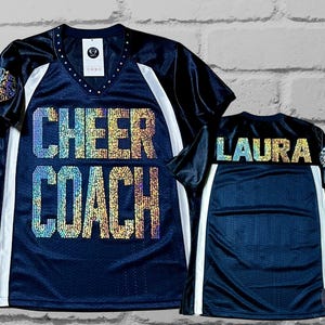 Custom Cheer Coach Bling Women's Patchwork Jersey - customize text and number, Custom Coach Gift, Cheer Coach Shirt, Team Gift, Coach