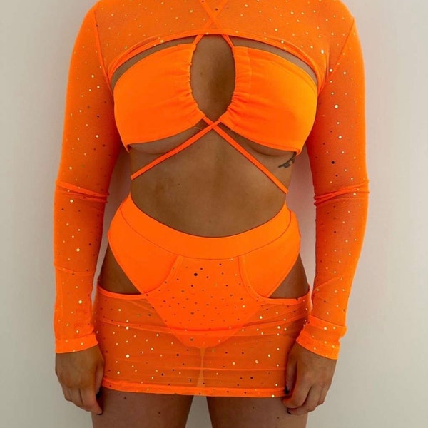 Neon orange glitter three piece rave outfit, festival outfit,rave outfit,mesh skirt, mini skirt,extreme crop top, gift for her,mesh crop top