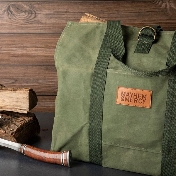 Mayhem & Mercy Firewood Tote, Premium Waxed Canvas Self-Standing Log Bag, Firewood Carrier with Large Pocket, Buckle and Padded Handle Grip