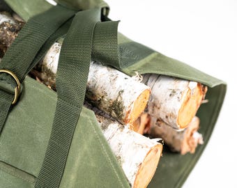 Gewaxt canvas draagdoek voor brandhout: stevige houten draagtas met zak, handvat, cadeau voor moeder