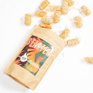 Peut inclure: Un sachet en papier brun étiqueté "STARTER" contenant 25 allume-feux, avec plusieurs allume-feux cylindriques en copeaux de bois brun clair éparpillés autour du sac. L'étiquette présente un graphique stylisé orange et vert d'un oiseau.