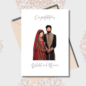 May include: A wedding card with a hand-drawn illustration of a couple in traditional Indian wedding attire. The card reads "Congratulations" and "Khalid and Naaima".