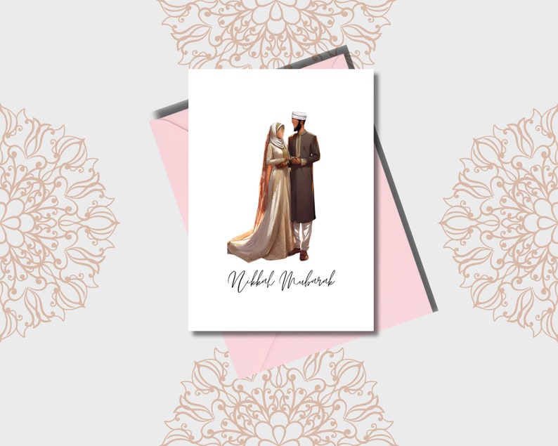 May include: A wedding card with a couple in traditional Islamic clothing. The card is white with a pink envelope and the text "Nikkah Mubarak" in black cursive.