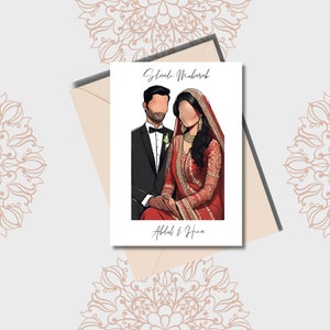 May include: A wedding card with a digital illustration of a couple in traditional attire. The text on the card reads "Shukr Mubarak" and "Abdul & Hina".