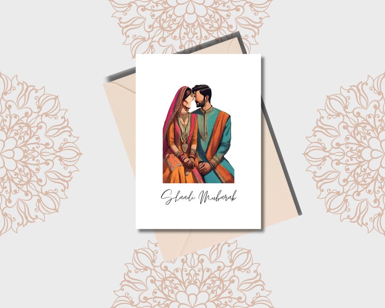 May include: A wedding card with a colorful illustration of a couple in traditional Indian clothing. The text "Shaadi Mubarak" is written in cursive below the illustration.