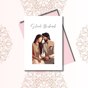 May include: A greeting card with a couple in traditional clothing. The card has the text "Shaadi Mubarak" written in cursive.