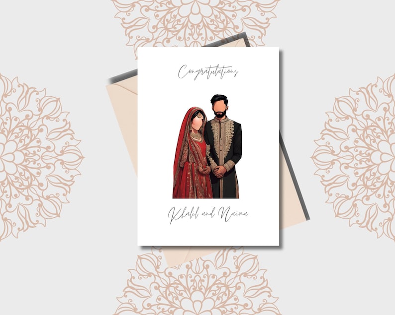 May include: A wedding card with a hand-drawn illustration of a couple in traditional Indian wedding attire. The card reads "Congratulations" and "Khalid and Naaima".