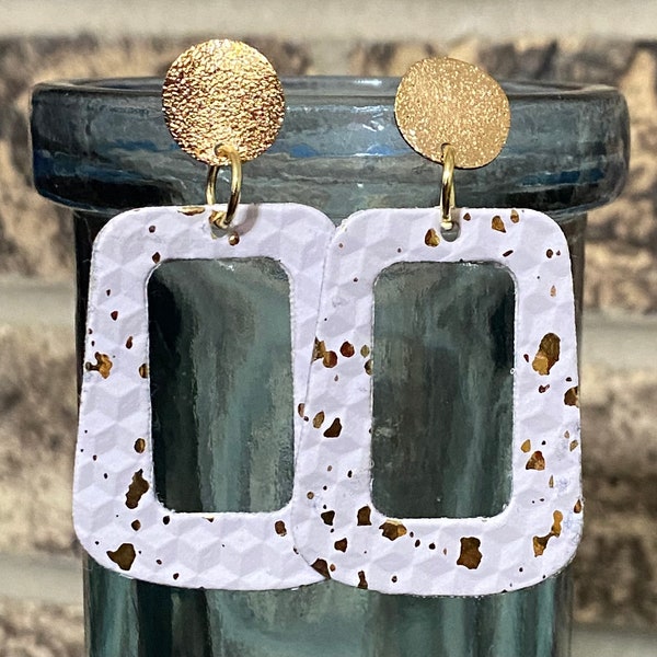 Lightweight Homemade Faux Leather Earrings - White with gold specks