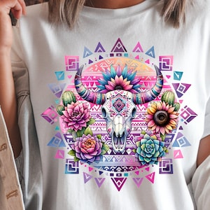 Sublimación azteca bohemia PNG, diseño de sublimación de calavera de toro occidental, patrón tribal floral de cactus de acuarela rústica, calavera de vaca femenina, Texas PNG