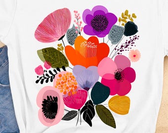 Boho Summer Floral T-Shirt Design: Abstract Flower PNG (Digital Download)