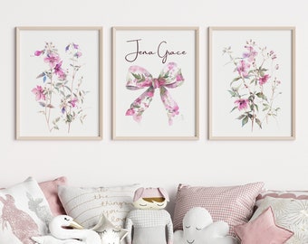 Set of 3 wildflower and coquette bow nursery art print baby shower new mom gift little girl room expectant mother granddaughter gift pink