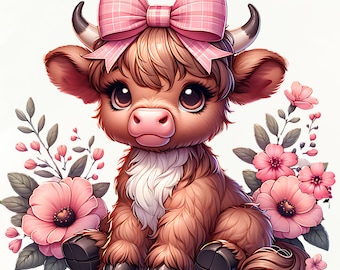 Baby Highland Cow PNG: Pink Bow, Flowers, Sublimation Design (Digital Download)