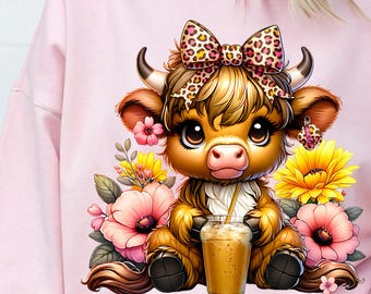 Highland Cow holding coffee png: coquette with leopard bow and flowers t-shirt Sublimation Design
