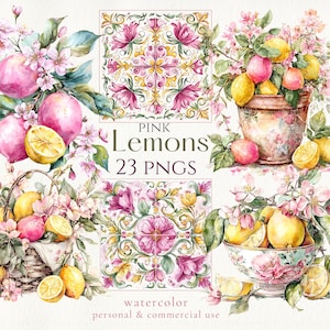 Akvarell citron Clipart 23 pngs: Amalfikusten Italien bruddusch clipart (digital nedladdning)