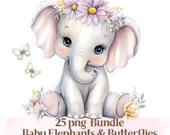 Paquete de 25 imágenes prediseñadas de elefante para niña: diseño de mono con corona floral para baby shower (descarga digital)