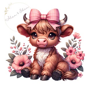 Bebê menina Highland Cow Pink Coquette PNG com flores de laço Design de sublimação download digital macacões camiseta canecas sacolas POD produto png