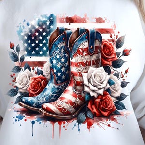 May include: A graphic design featuring two cowboy boots with an American flag design, surrounded by red and white roses and greenery. The boots are blue and white with stars and red and white stripes.