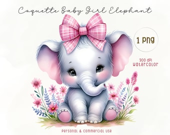 Elefante bebé niña PNG: Diseño de sublimación de mono infantil de safari con acuarela (descarga digital)