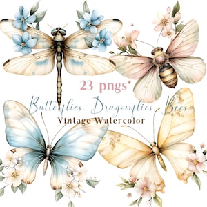 Borboletas libélulas abelhas Primavera png clipart pastel floral aquarela vintage rosa azul chá de bebê convite de aniversário adesivos POD