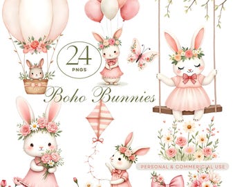 Baby Hase Clipart 24 PNGs: Boho pink pink Kokette Kinderzimmer Designs (Digitaler Download)