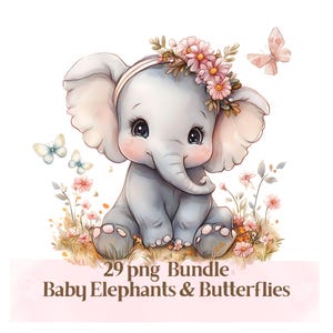 Babymeisje olifant png vlinders png clipart wilde bloemen roze douche verjaardagsuitnodiging aquarel stickers junk dagboek kaarten onesie