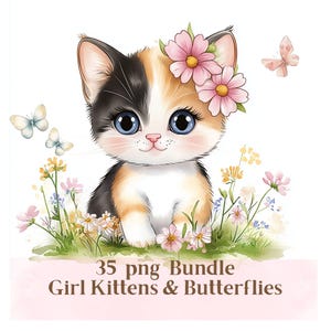 Mädchen süße Kätzchen Schmetterlinge Png Clipart Kinderzimmer Pink Party Geburtstagseinladung Aquarell Aufkleber Junk Journal Karten Neugeborenen Strampelanzug