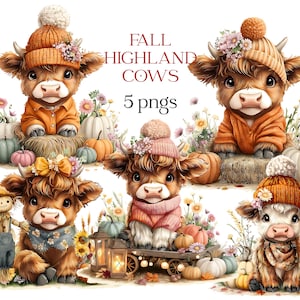 Può includere: Illustrazione digitale di cinque mucche delle Highlands in abiti autunnali. Ogni mucca indossa un cappello e una sciarpa, circondata da zucche e fiori. Il testo recita "FALL HIGHLAND COWS 5 pngs".