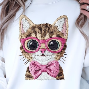 Retro Cat with Sunglasses PNG: Faux Embroidery Sublimation Design