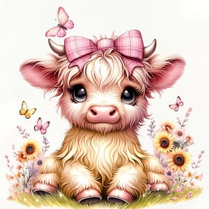 Baby girl Highland Cow nursery Coquette PNG with pink bow sunflowers Sublimation Design digital download onesies t-shirt POD product png.  For designing t-shirts, mugs, stickers, tote bags and other and POD products.  listing includes 1 PNG image with transparent background Size is 4096 x 4096 px, 300 dpi (high quality)  Immediate Digital Download. There is no physical product.  You can resize to create t-shirts, sweatshirts, mugs, mousepads, coasters, totes, or anything else you can sublimate
