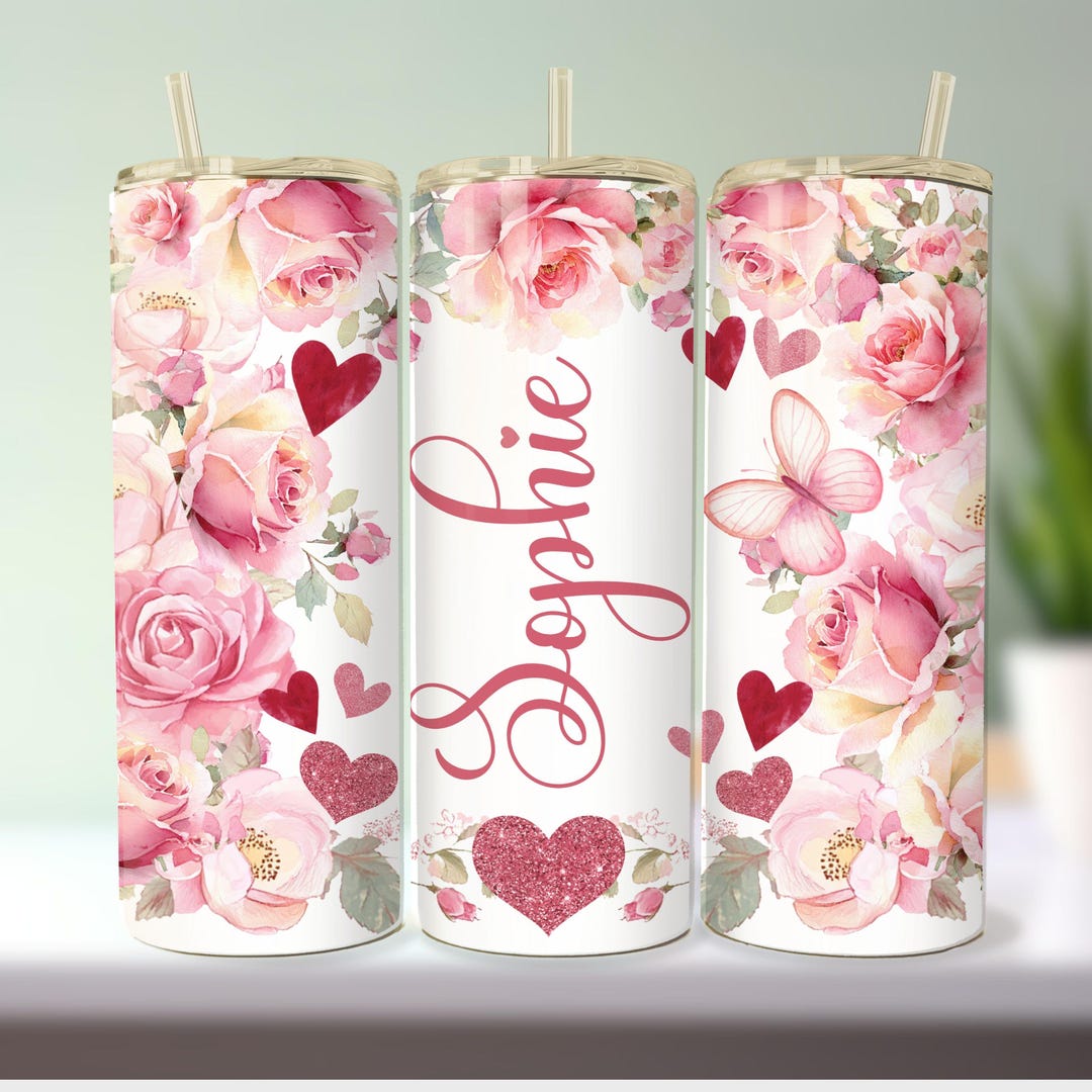 Custom Pink Roses Personalized Pink Roses Hearts Floral Tumbler Wrap: Add Your Name ...