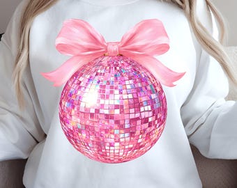 Pink Disco Ball PNG: Coquette Bow, New Year Design (Digital Download)