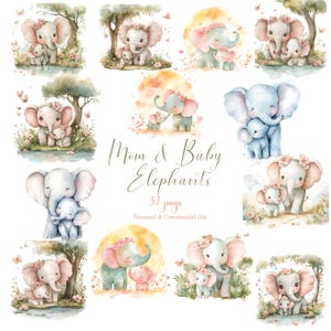 Mama und Baby Mädchen Elefant Schmetterlinge Aquarell Png Clipart Blumen rosa Dusche Geburtstagseinladung Aquarell Aufkleber Junk Journal Karten