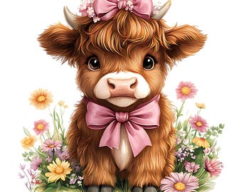 Baby Girl Highland Cow PNG: Pink Floral crown Wildflowers Sublimation Design (Digital Download)