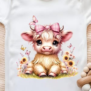 Baby girl Highland Cow nursery Coquette PNG with pink bow sunflowers Sublimation Design digital download onesies t-shirt POD product png.  For designing t-shirts, mugs, stickers, tote bags and other and POD products.  listing includes 1 PNG image with transparent background Size is 4096 x 4096 px, 300 dpi (high quality)  Immediate Digital Download. There is no physical product.  You can resize to create t-shirts, sweatshirts, mugs, mousepads, coasters, totes, or anything else you can sublimate