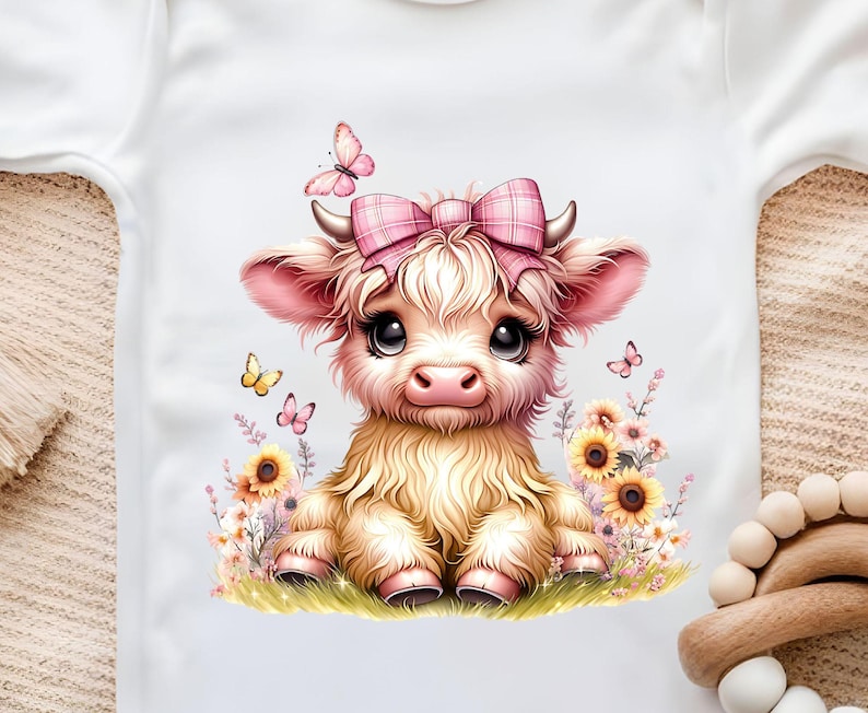 Baby girl Highland Cow nursery Coquette PNG with pink bow sunflowers Sublimation Design digital download onesies t-shirt POD product png.  For designing t-shirts, mugs, stickers, tote bags and other and POD products.  listing includes 1 PNG image with transparent background Size is 4096 x 4096 px, 300 dpi (high quality)  Immediate Digital Download. There is no physical product.  You can resize to create t-shirts, sweatshirts, mugs, mousepads, coasters, totes, or anything else you can sublimate