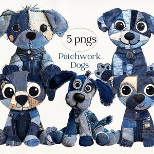 May include: Five denim patchwork dog plush toys in different poses. Each dog is made from blue denim patches, with large button eyes and stitched details. The text "5 pngs Patchwork Dogs" is visible.
