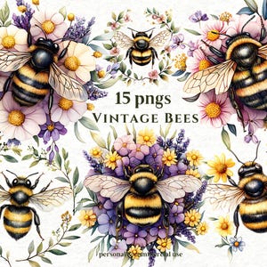 Paquete de 15 imágenes prediseñadas de abejas, acuarela, despedida de soltera, coronas, abejas pastel, abejorros, descarga digital, invitaciones y pegatinas.