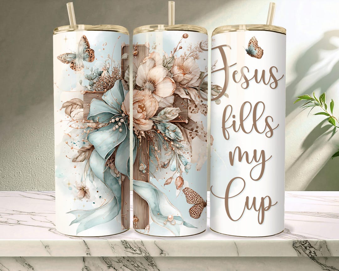 Jesus Fills My Cup Christian Cross Tumbler Wrap, Boho Blue Wildflowers ...