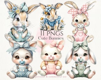 Bunny clipart bundle: baby shower birthday invitation onesie pngs (Digital download)