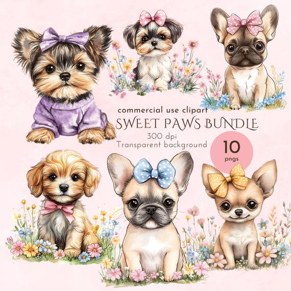 Watercolor Puppies Clipart: Yorkie, Frenchie, Chihuahua (PNG