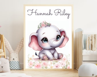 Impression personnalisée personnalisée de bébé éléphant, cadeau de bébé avec nom pour baby shower pour nouvelle maman, art de décoration de chambre de bébé