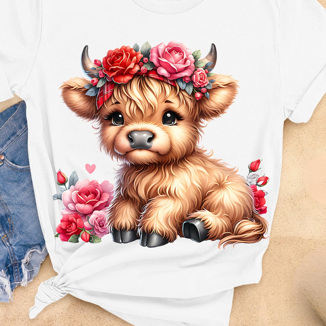 Cow Wearing Roses Valentine Highland Cow PNG: Red Roses Floral Crown Coquette Design ...